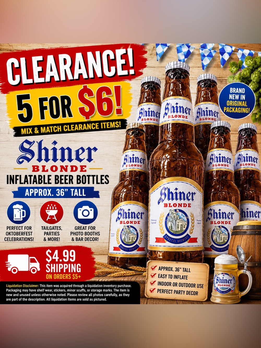 CLEARANCE! Shiner Blonde 36” Inflatable Beer Bottle Party Decor | 5 for $6